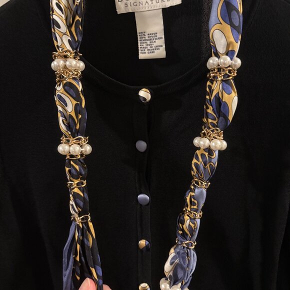 Doncaster Women's Black Button-up Cardigan Sweater with Silk Scarf ~ Small ~ EUC - Picture 2 of 5